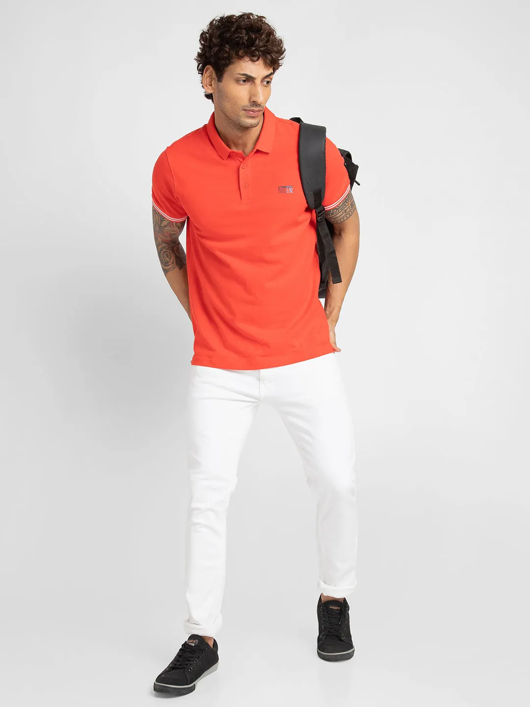 Spykar Men Deep Coral Cotton Slim Fit Plain Polo Neck Tshirt