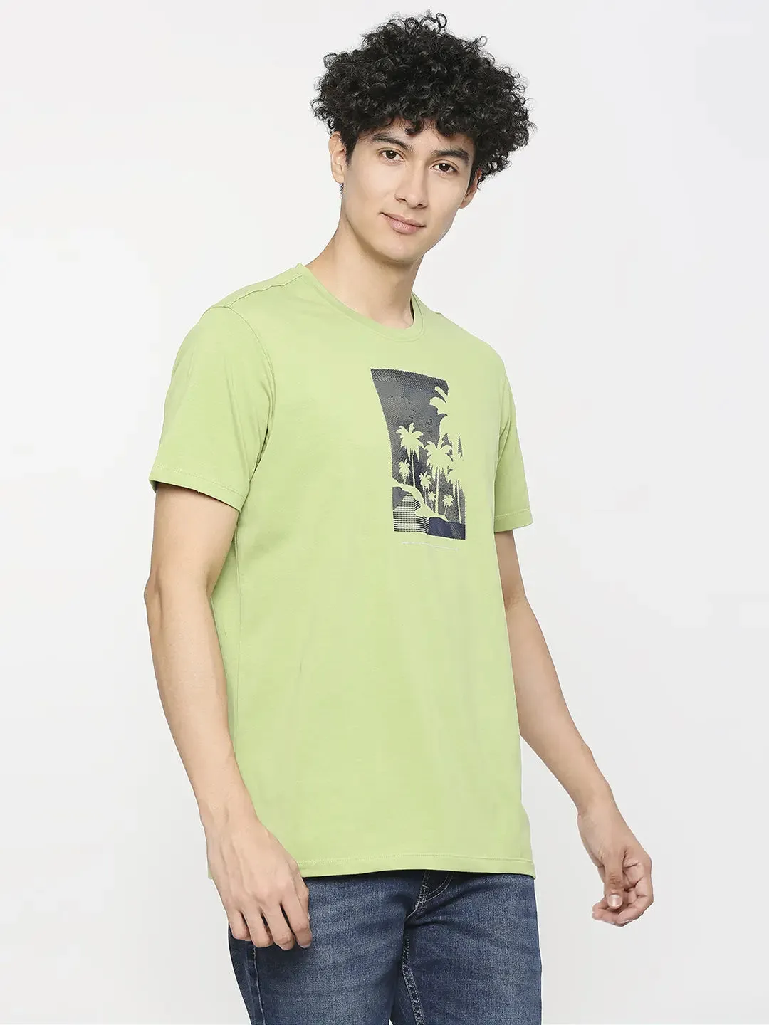 Spykar Men Dusty Pista Green Cotton Slim Fit Round Neck Printed T-Shirt