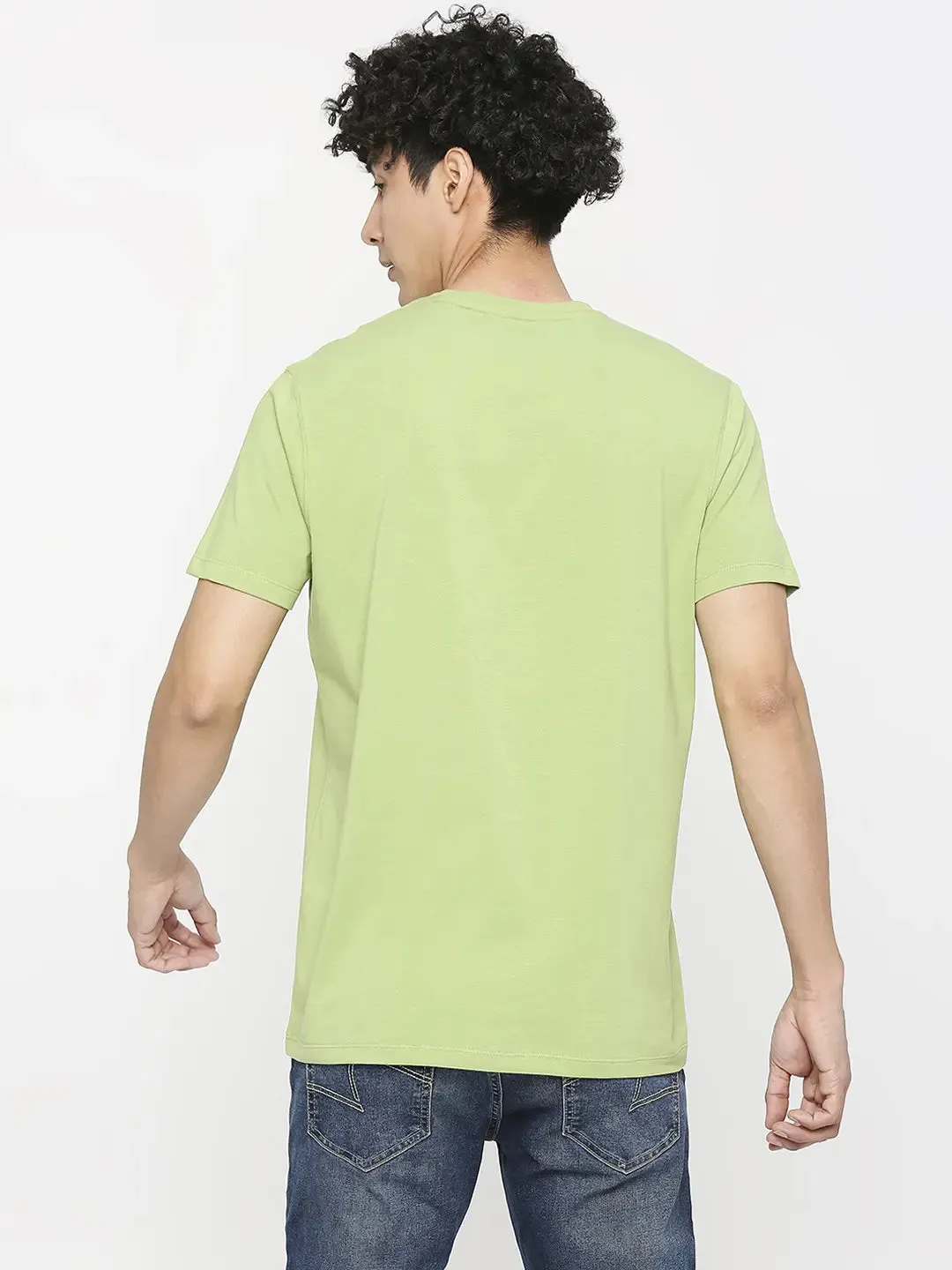 Spykar Men Dusty Pista Green Cotton Slim Fit Round Neck Printed T-Shirt