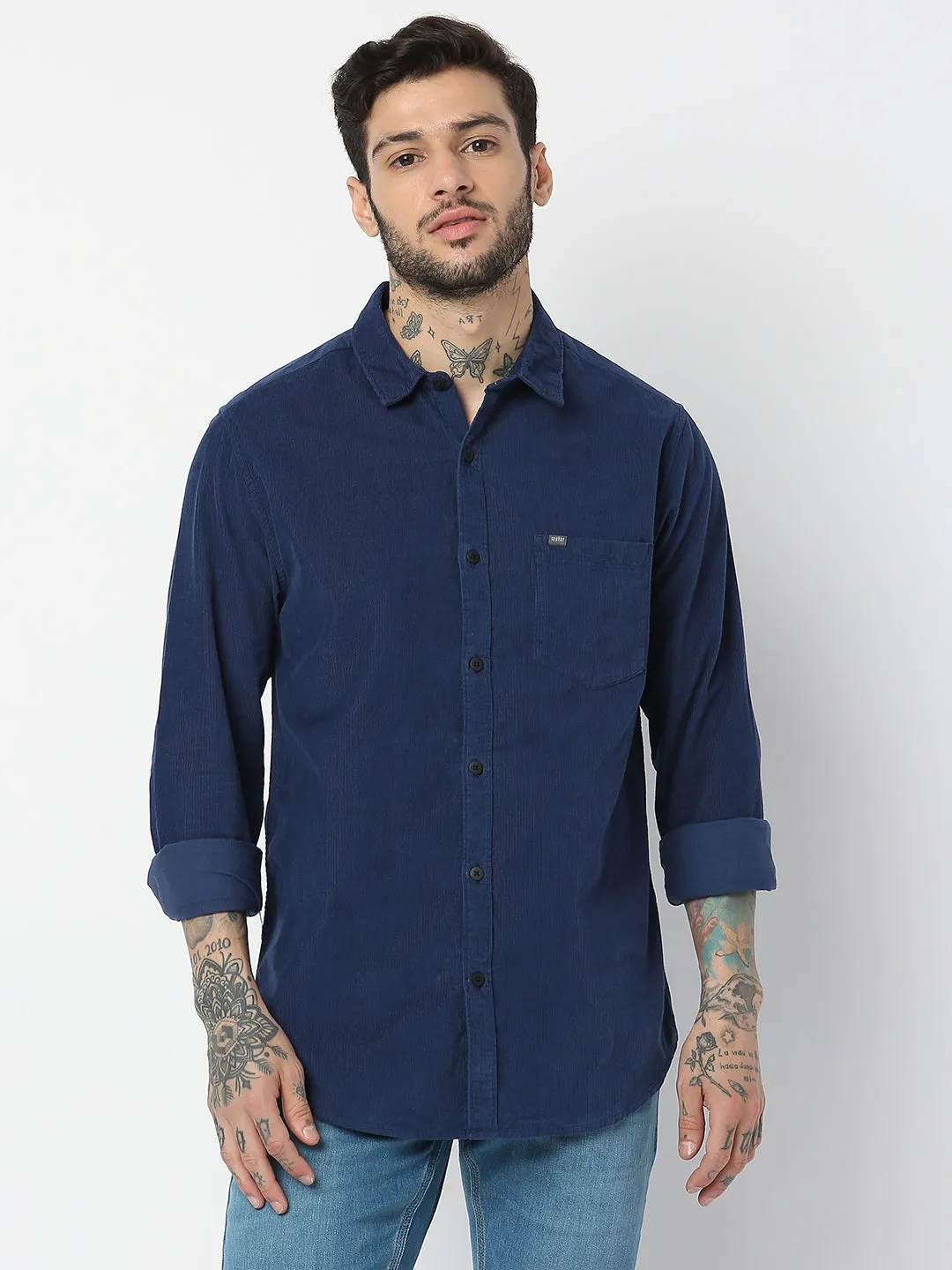 Spykar Men Indigo Blue Cotton Slim Fit Plain Shirts