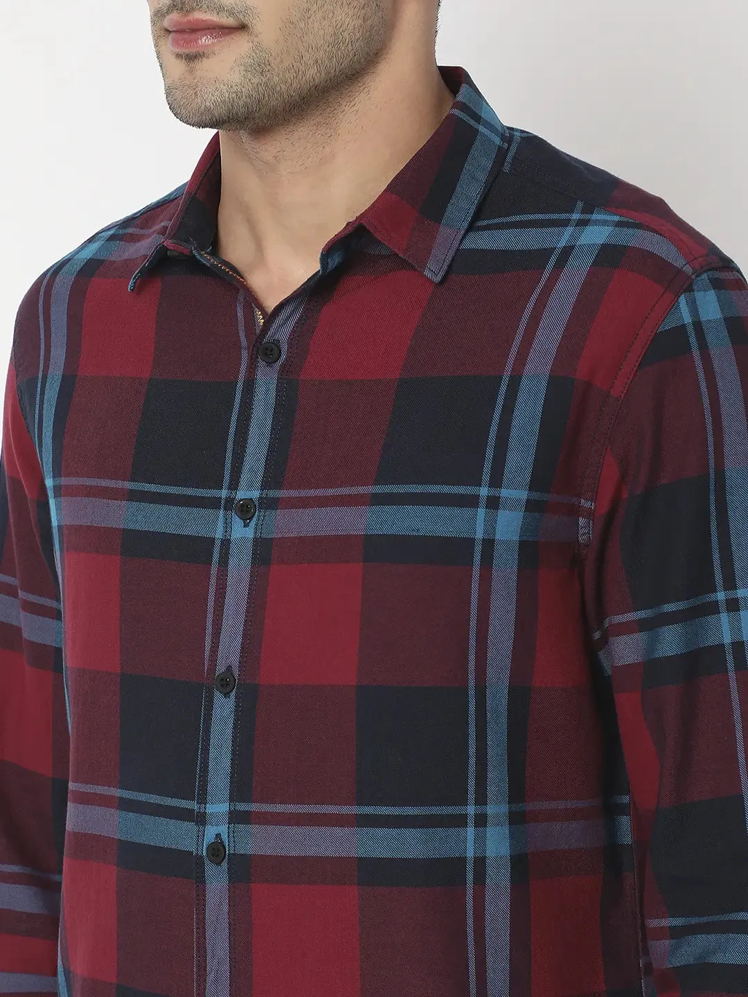 Spykar Men Maroon Cotton Slim Fit Checkered Shirt