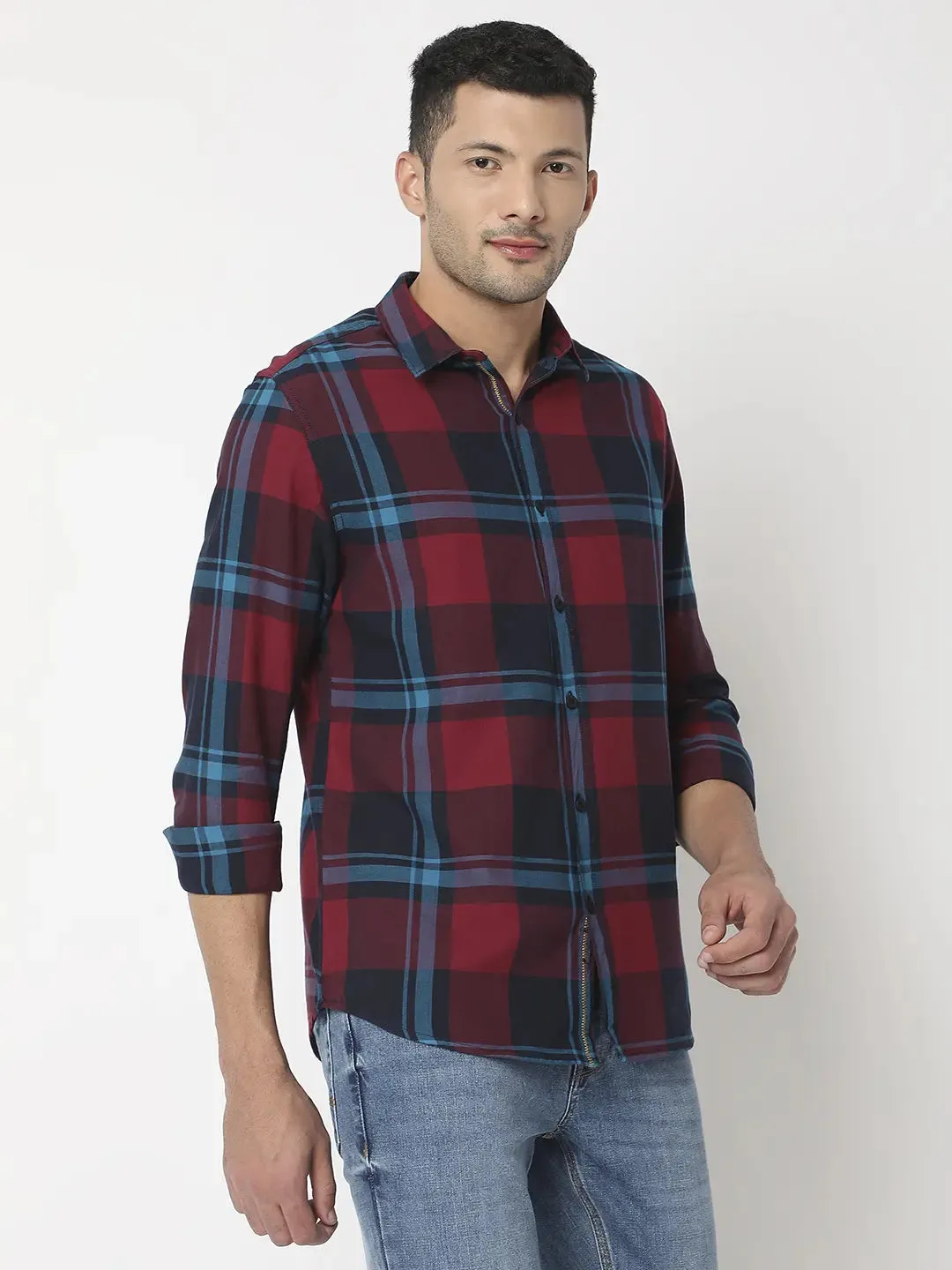 Spykar Men Maroon Cotton Slim Fit Checkered Shirt