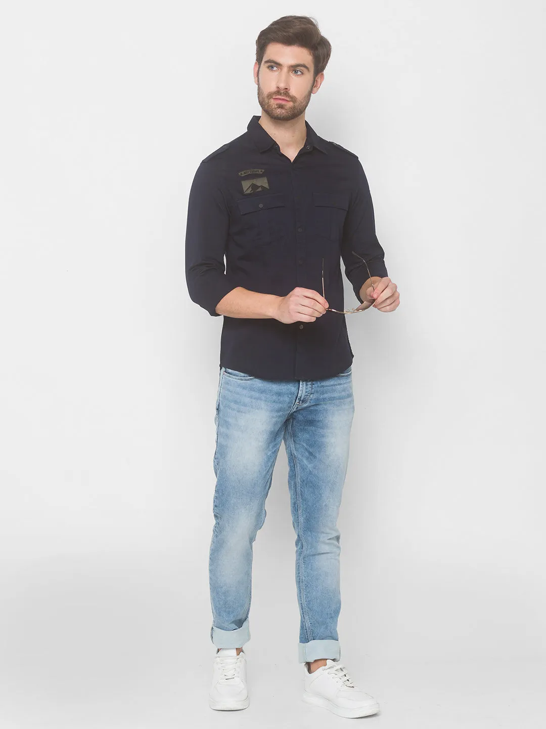 Spykar Men Navy Blue Cotton Shirts (Slim)