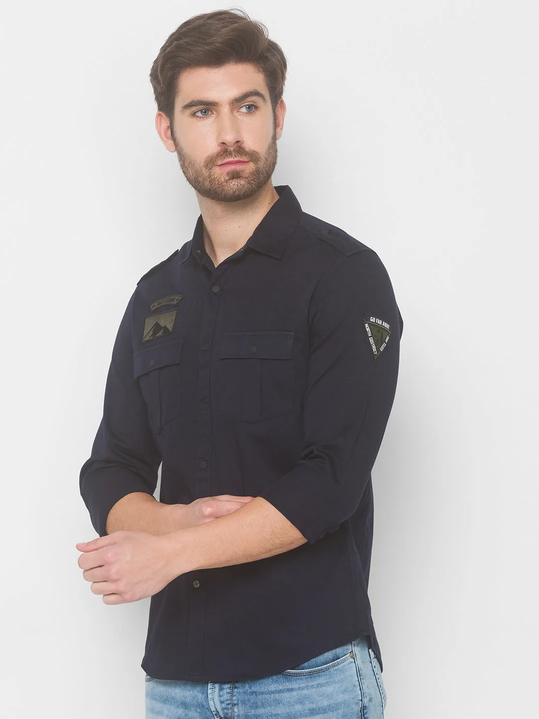 Spykar Men Navy Blue Cotton Shirts (Slim)