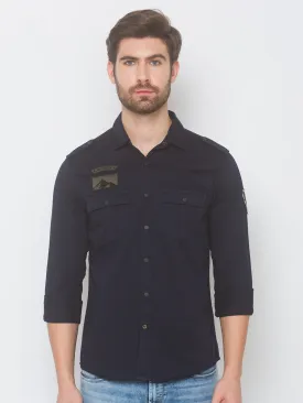 Spykar Men Navy Blue Cotton Shirts (Slim)