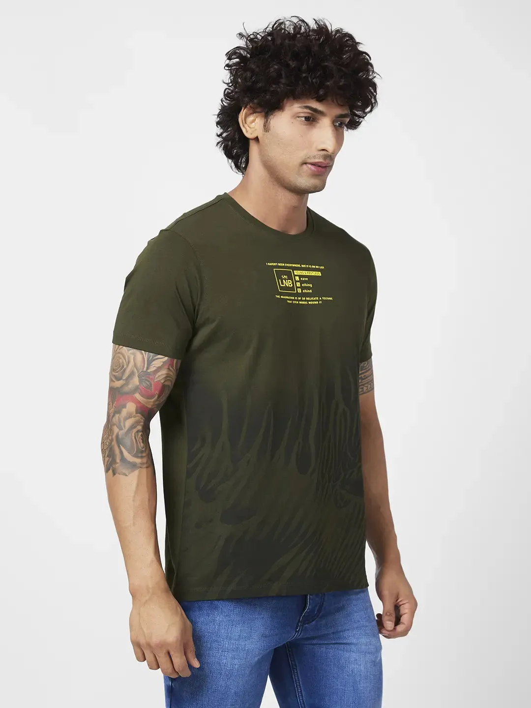 Spykar Men Rifle Green Blended Slim Fit Half Sleeve Round Neck Casual Printed Tshirt