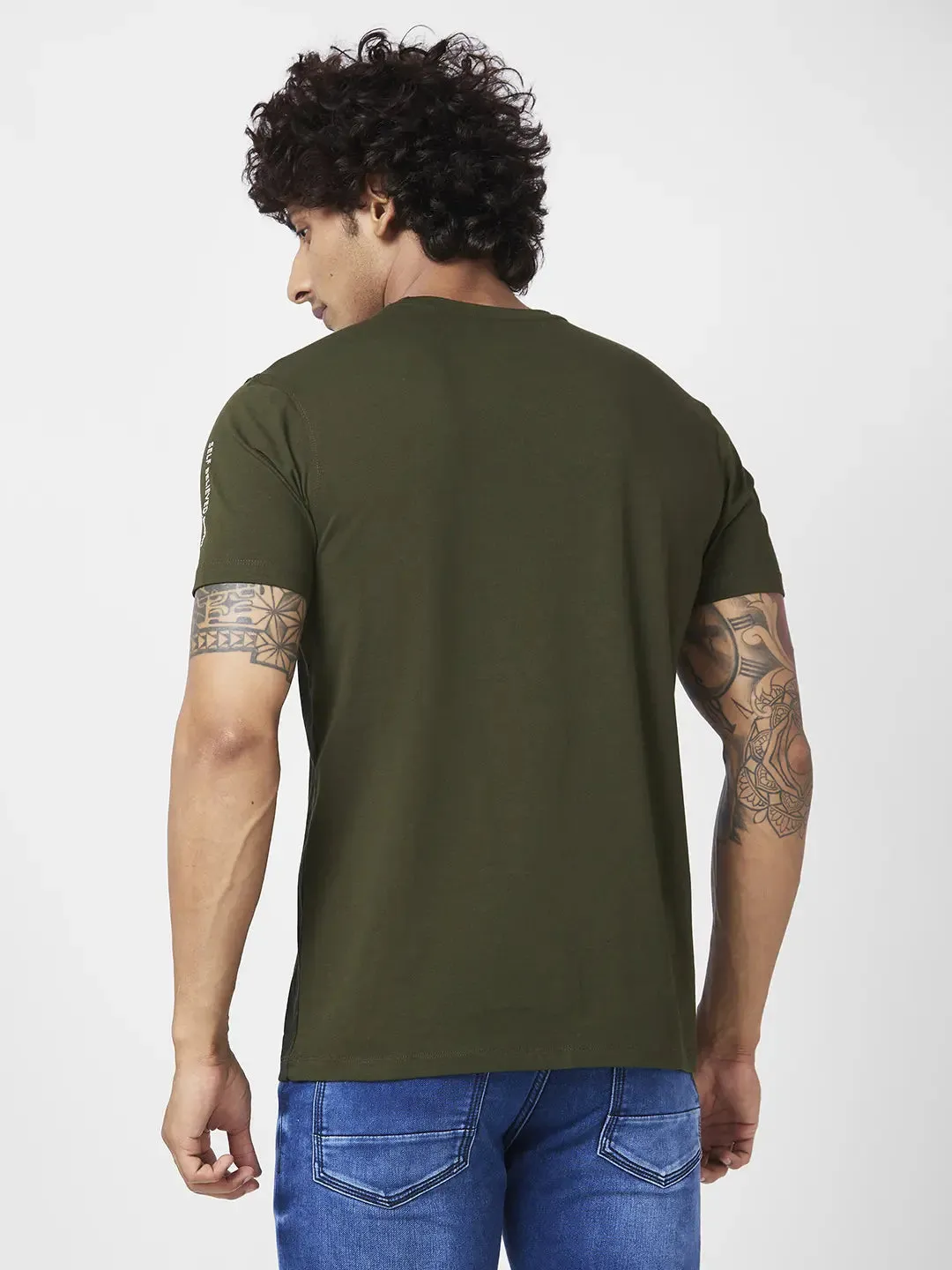 Spykar Men Rifle Green Blended Slim Fit Half Sleeve Round Neck Casual Printed Tshirt