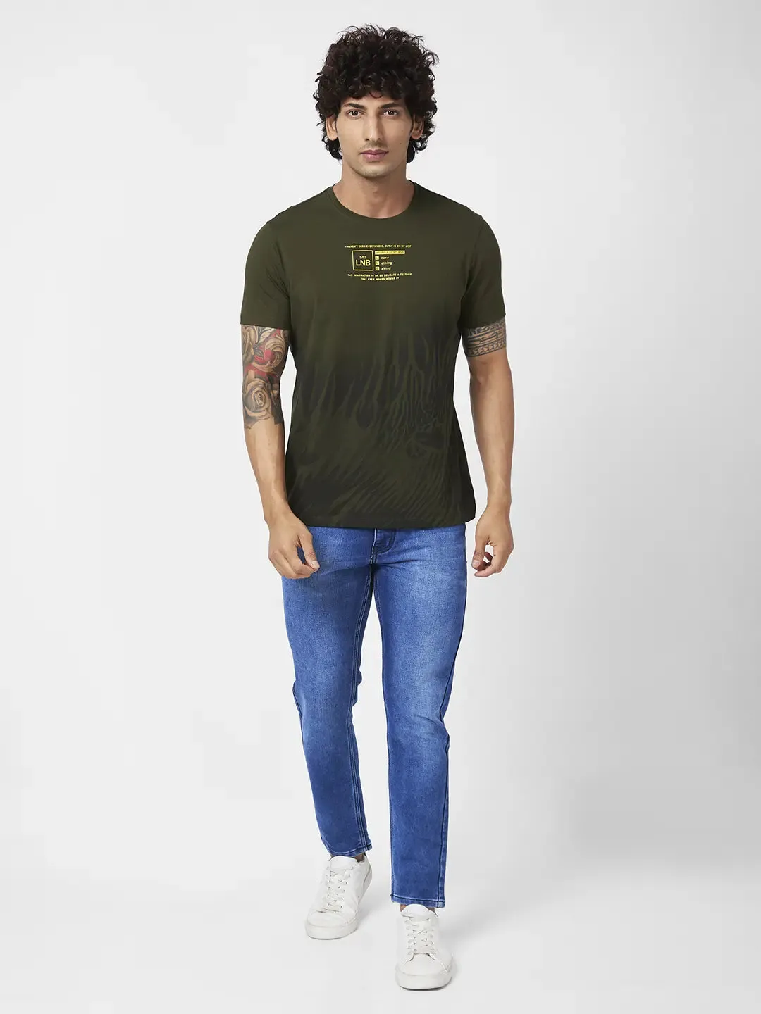 Spykar Men Rifle Green Blended Slim Fit Half Sleeve Round Neck Casual Printed Tshirt