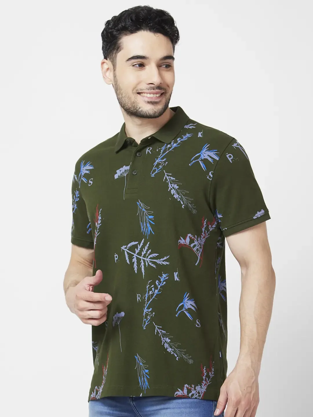 Spykar Men Rifle Green Cotton Slim Fit Half Sleeve Polo Neck Floral Print Tshirt