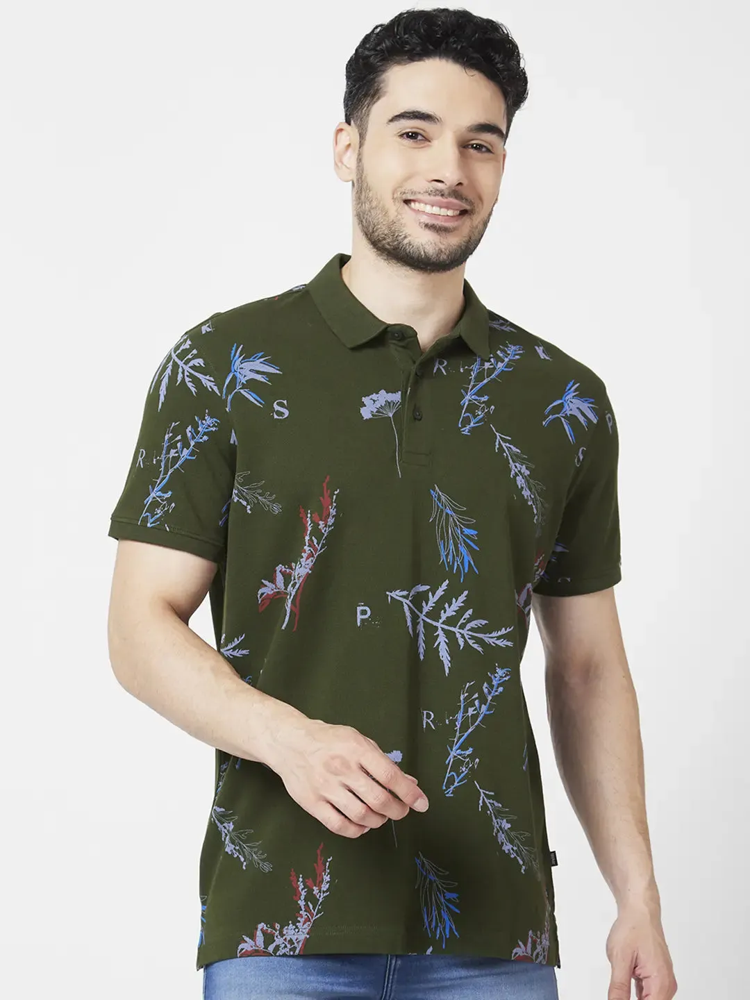 Spykar Men Rifle Green Cotton Slim Fit Half Sleeve Polo Neck Floral Print Tshirt