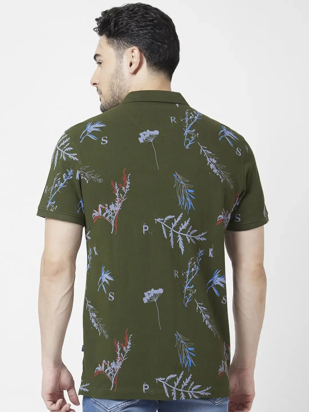 Spykar Men Rifle Green Cotton Slim Fit Half Sleeve Polo Neck Floral Print Tshirt