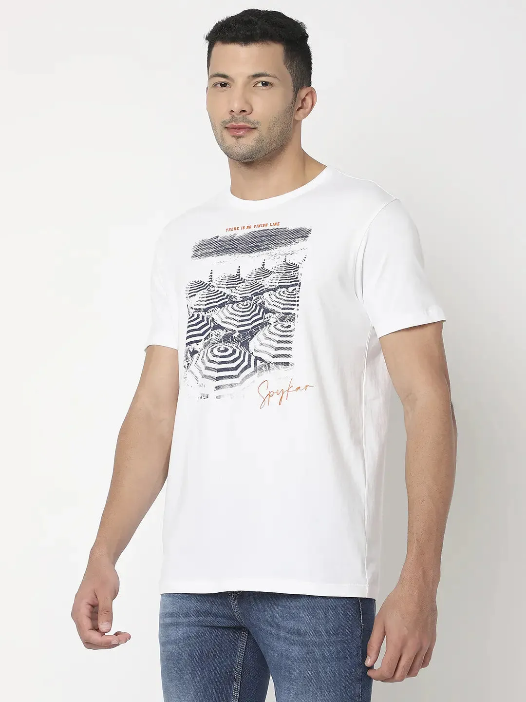 Spykar Men White Cotton Regular Fit Printed Round Neck Tshirt