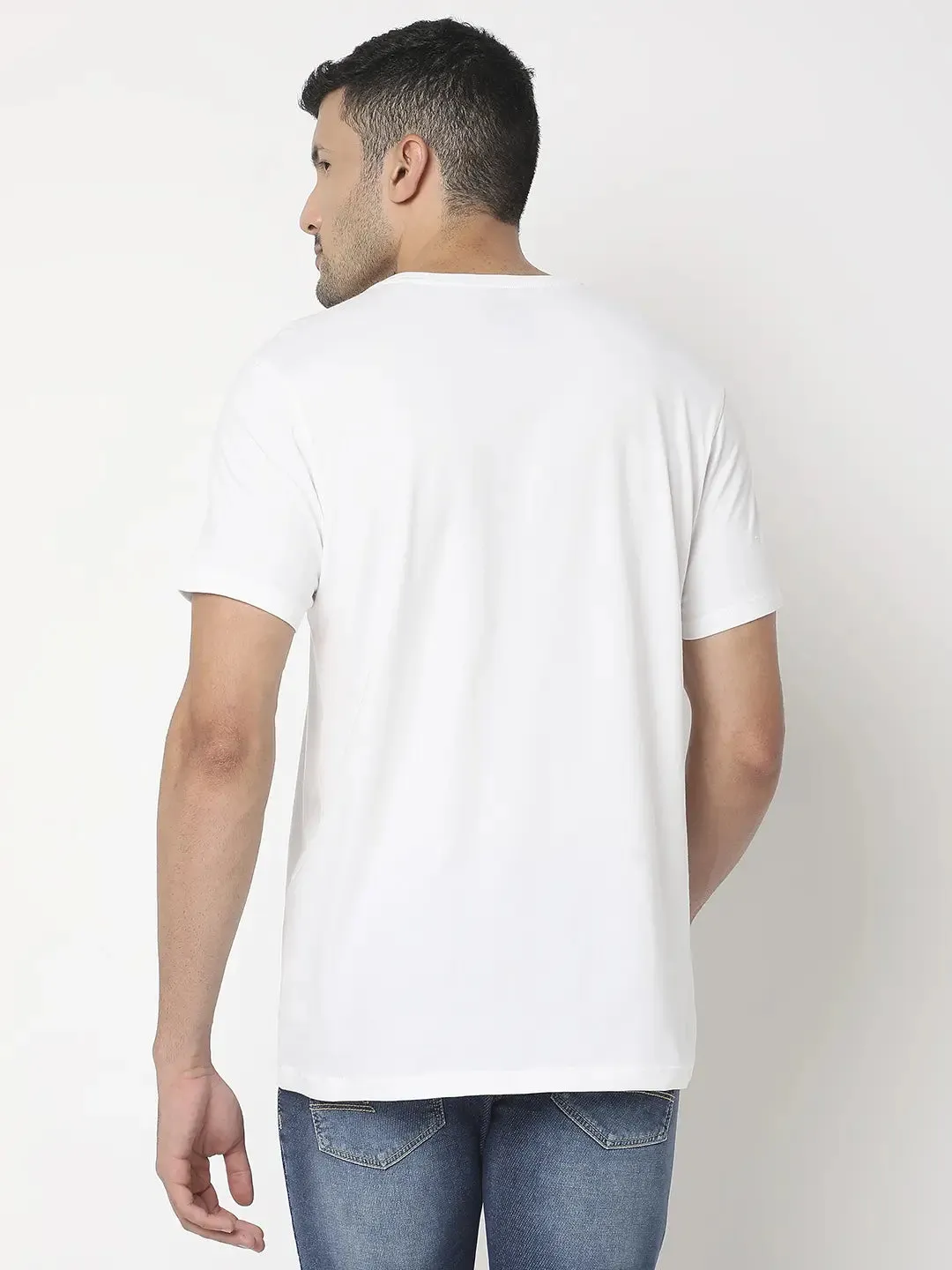 Spykar Men White Cotton Regular Fit Printed Round Neck Tshirt