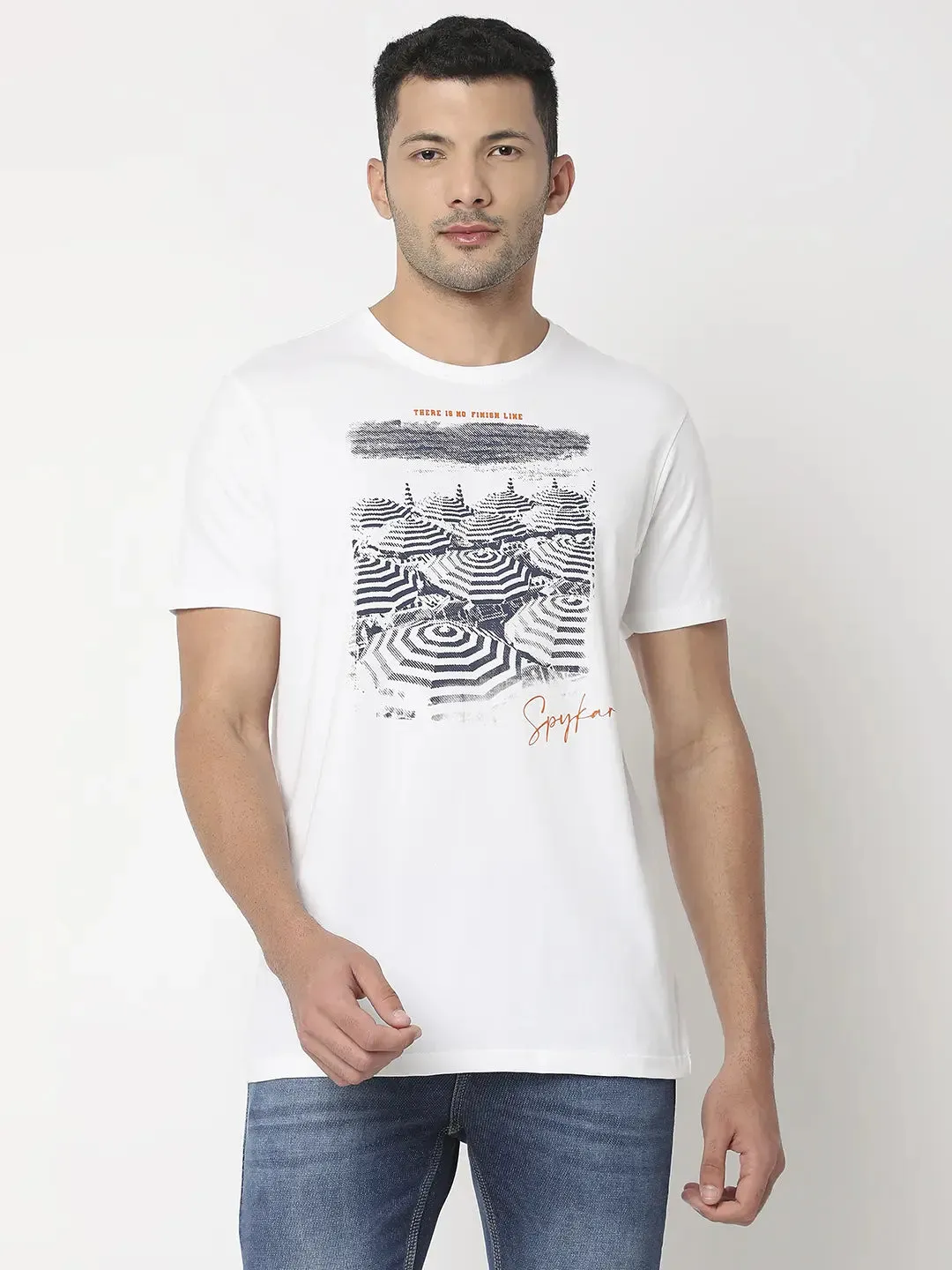 Spykar Men White Cotton Regular Fit Printed Round Neck Tshirt