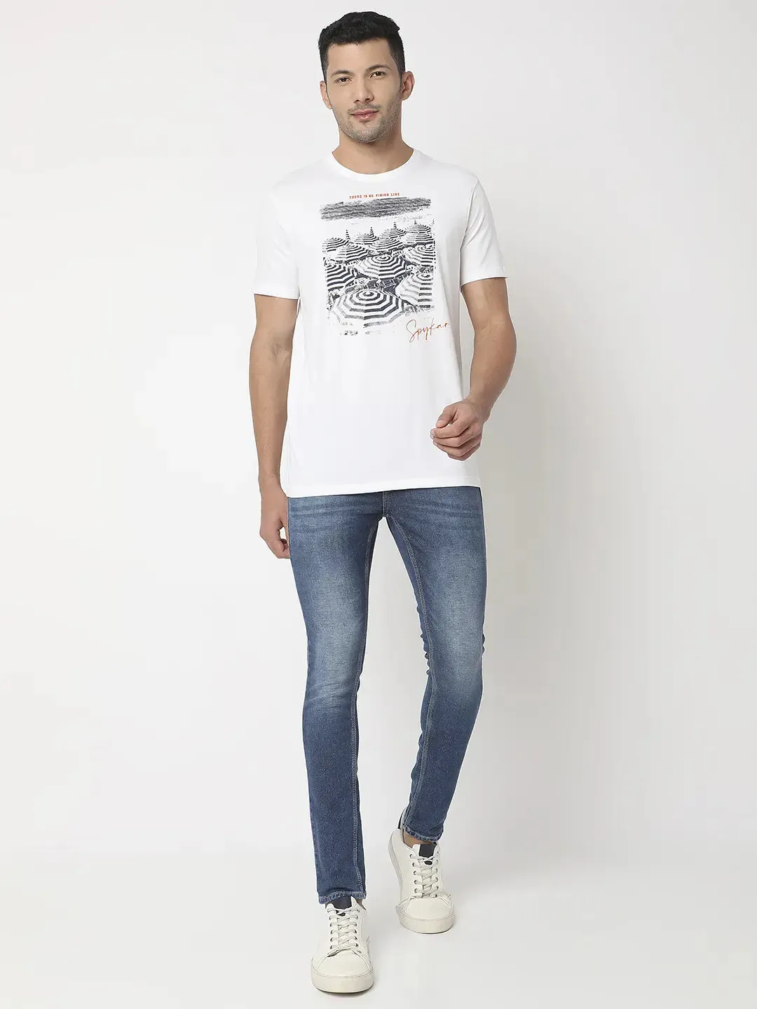 Spykar Men White Cotton Regular Fit Printed Round Neck Tshirt