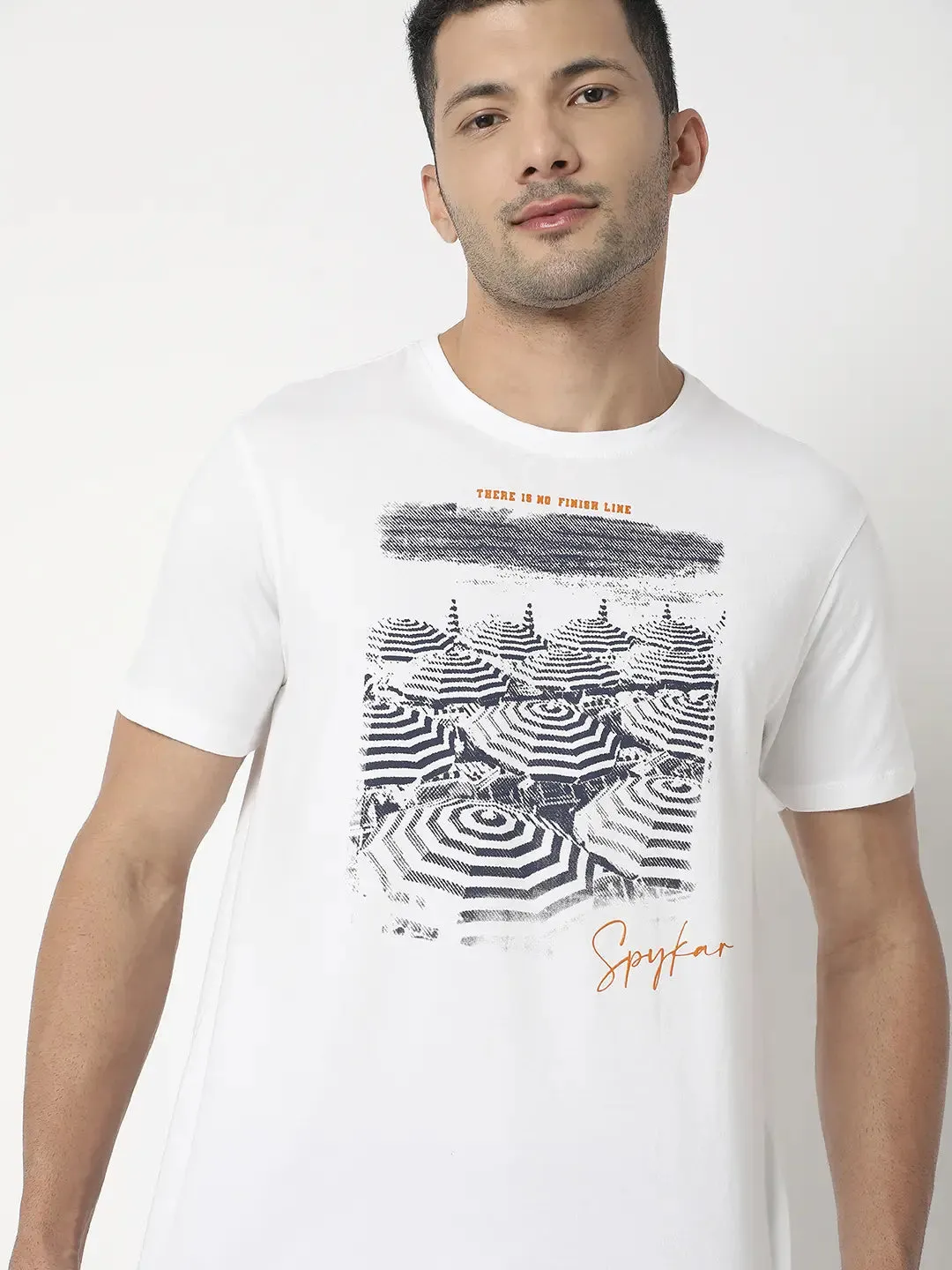 Spykar Men White Cotton Regular Fit Printed Round Neck Tshirt