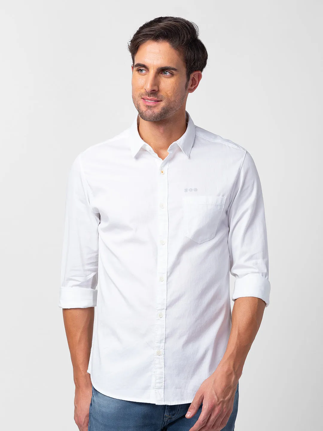 Spykar Men White Cotton Slim Fit Plain Shirt