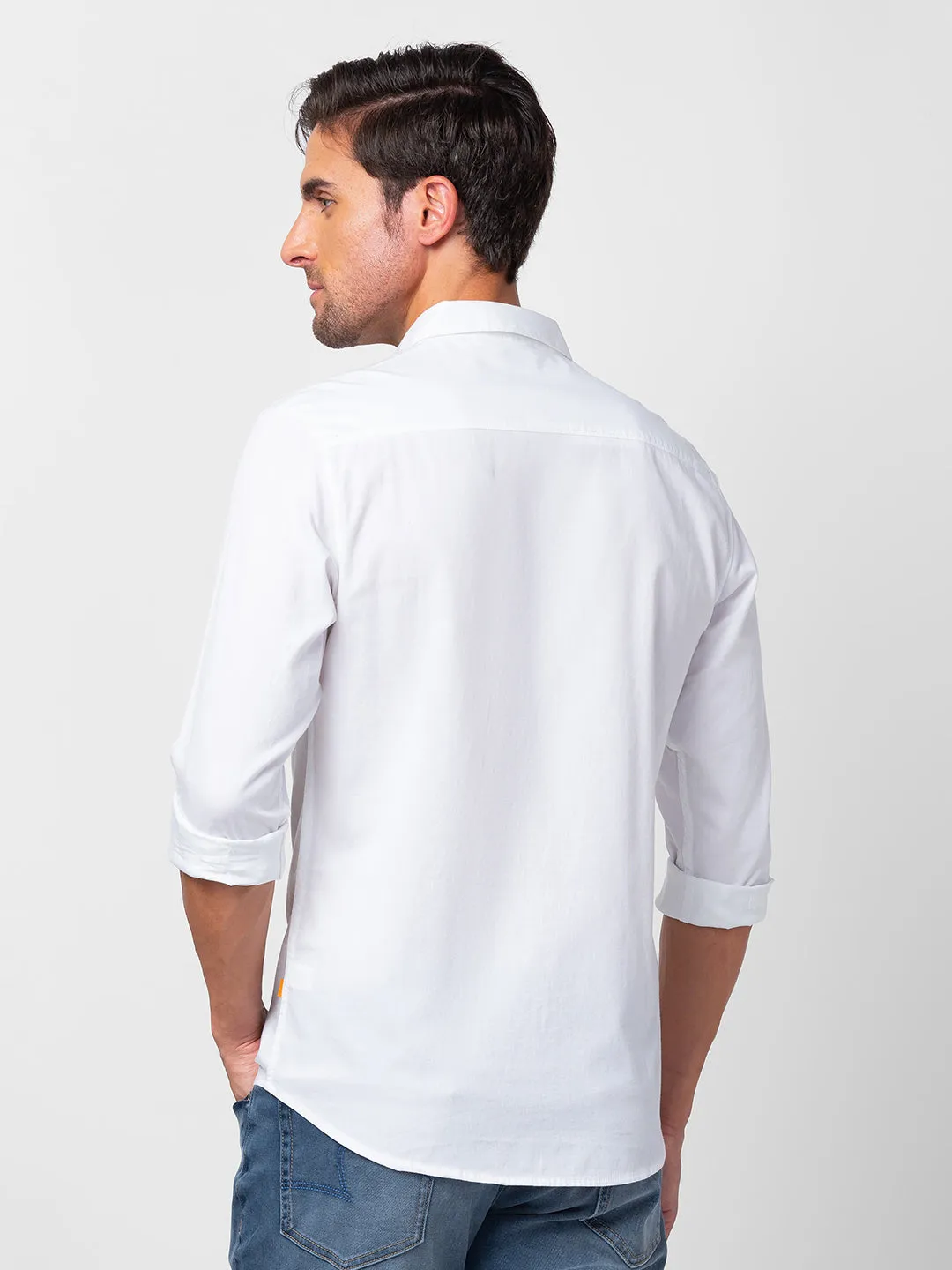 Spykar Men White Cotton Slim Fit Plain Shirt