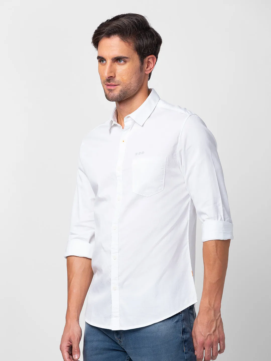 Spykar Men White Cotton Slim Fit Plain Shirt