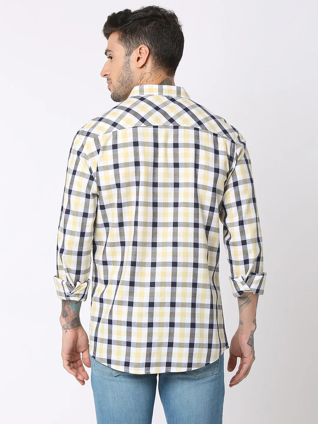 Spykar Men Yellow Cotton Regular Fit Checkered Shirts