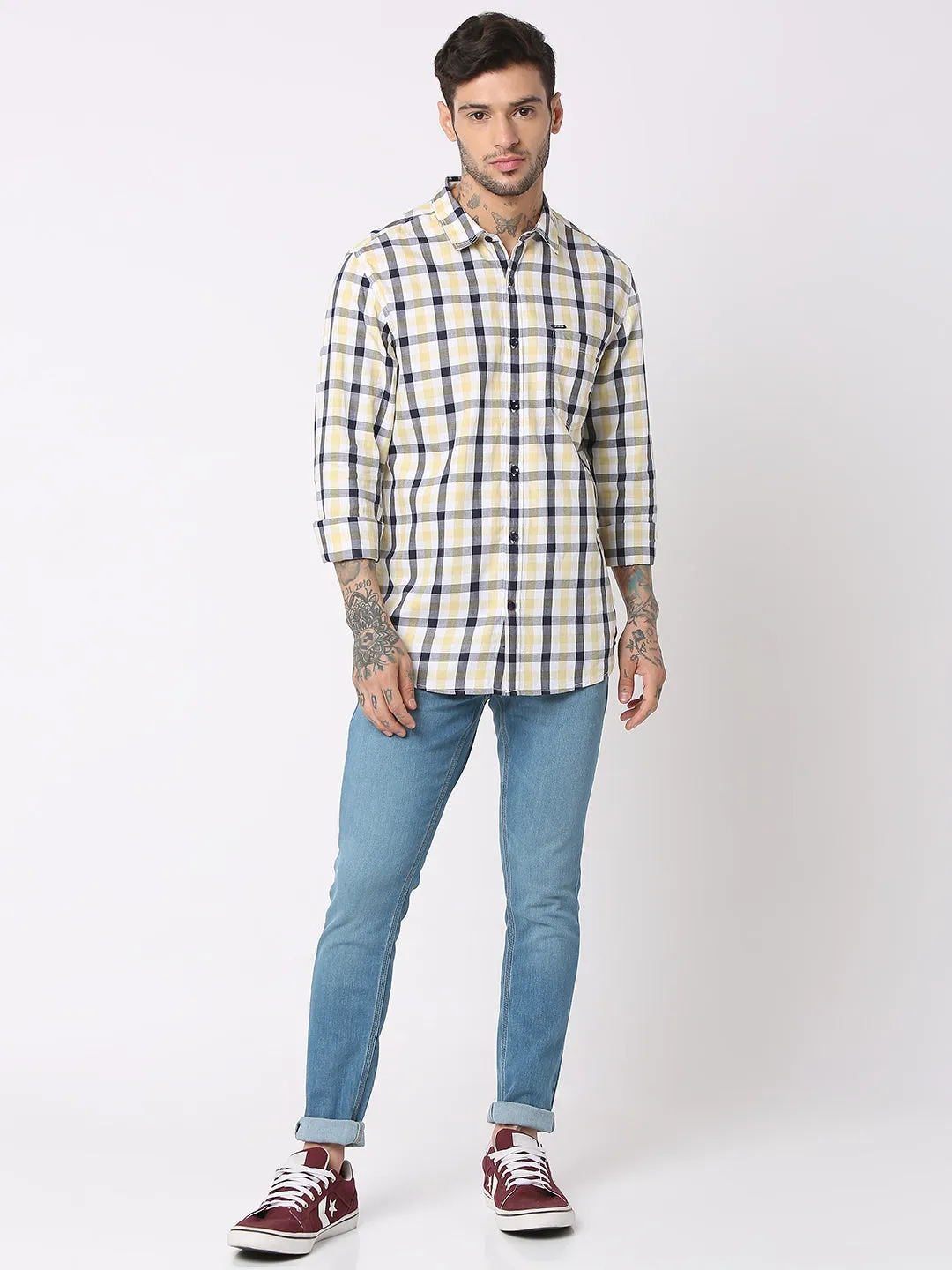 Spykar Men Yellow Cotton Regular Fit Checkered Shirts