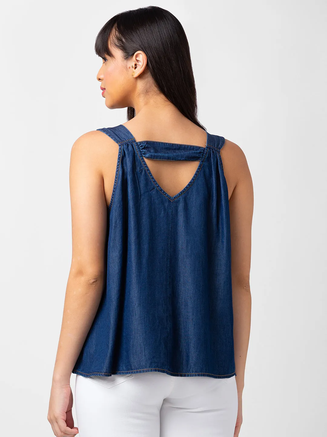 Spykar Women Indigo Blue Cotton Regular Fit Sleeveless Plain Top