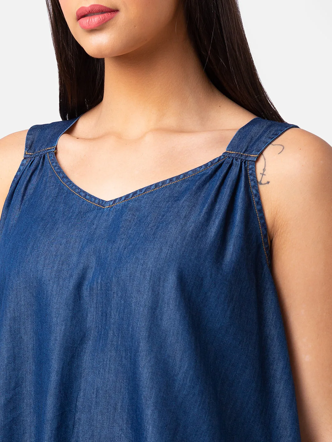 Spykar Women Indigo Blue Cotton Regular Fit Sleeveless Plain Top