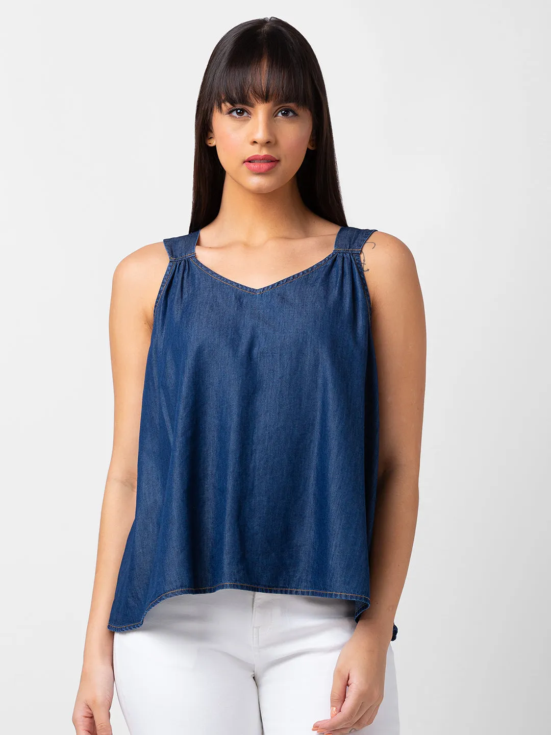 Spykar Women Indigo Blue Cotton Regular Fit Sleeveless Plain Top