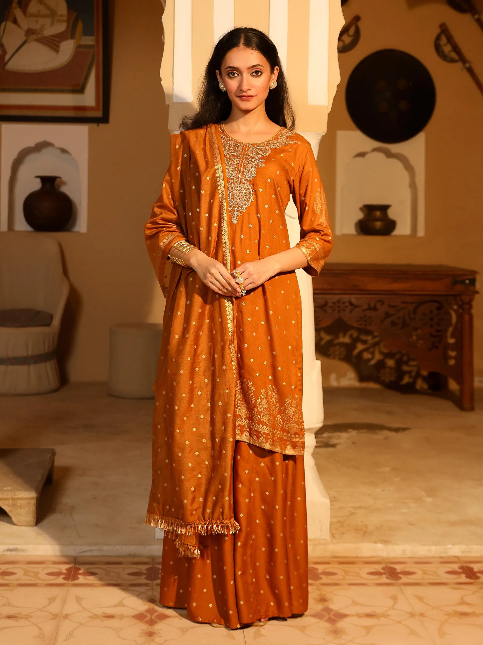 The Swarn Mustard Ethnic Motif Printed Rayon Kurta Pant And Dupatta With Zari Work & Sequins