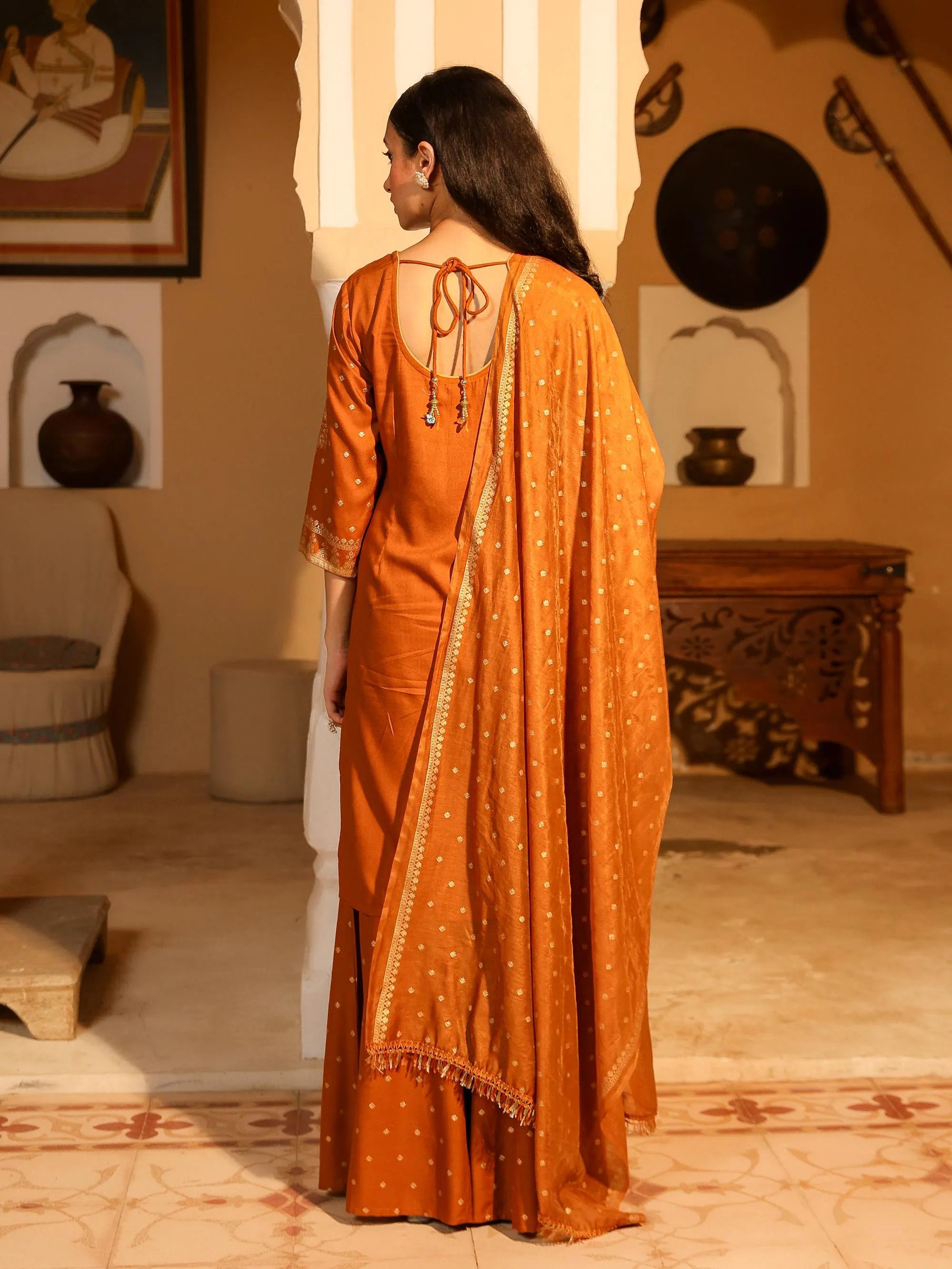 The Swarn Mustard Ethnic Motif Printed Rayon Kurta Pant And Dupatta With Zari Work & Sequins