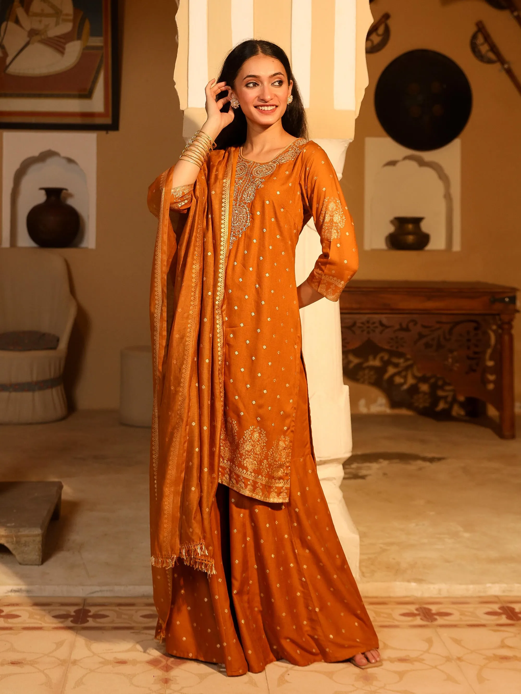 The Swarn Mustard Ethnic Motif Printed Rayon Kurta Pant And Dupatta With Zari Work & Sequins