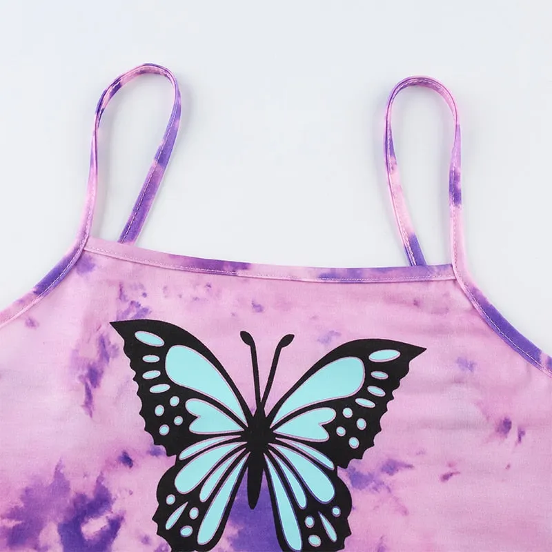 Tie Dye Crop Tops Cute Sexy Butterfly Printed Bralette Cropped Sleeveless