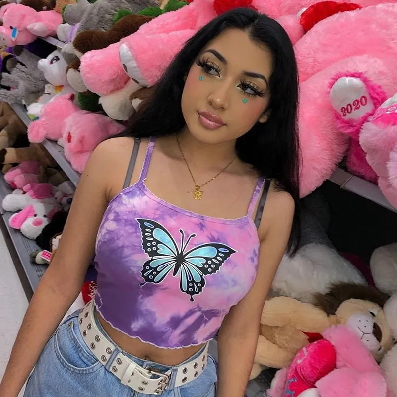 Tie Dye Crop Tops Cute Sexy Butterfly Printed Bralette Cropped Sleeveless