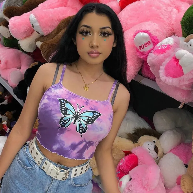 Tie Dye Crop Tops Cute Sexy Butterfly Printed Bralette Cropped Sleeveless