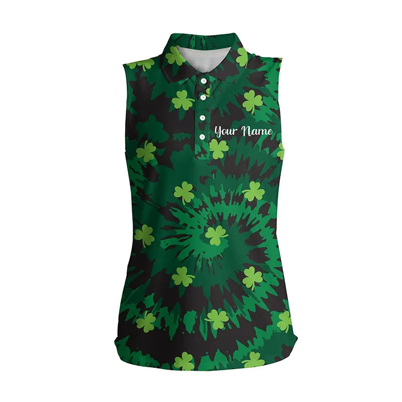 Tie Dye Womens Golf Polo Shirt Green Clover St Patrick Day Custom Golf Shirts Golfing Gifts