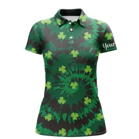 Tie Dye Womens Golf Polo Shirt Green Clover St Patrick Day Custom Golf Shirts Golfing Gifts