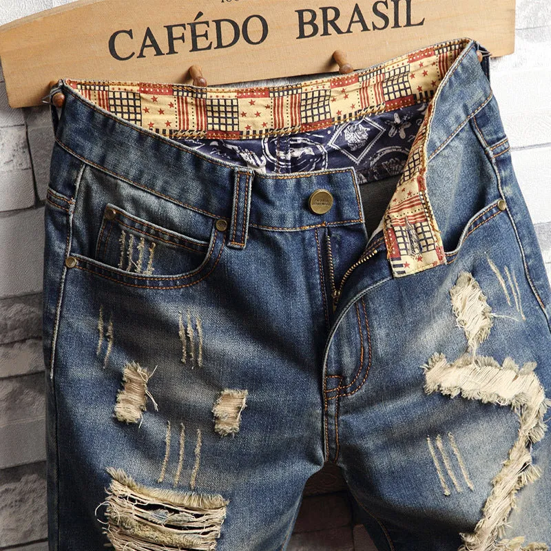 Trend big hole jeans short pants men''s summer Capris jeans pants pants beggars pants men''s Korean slim