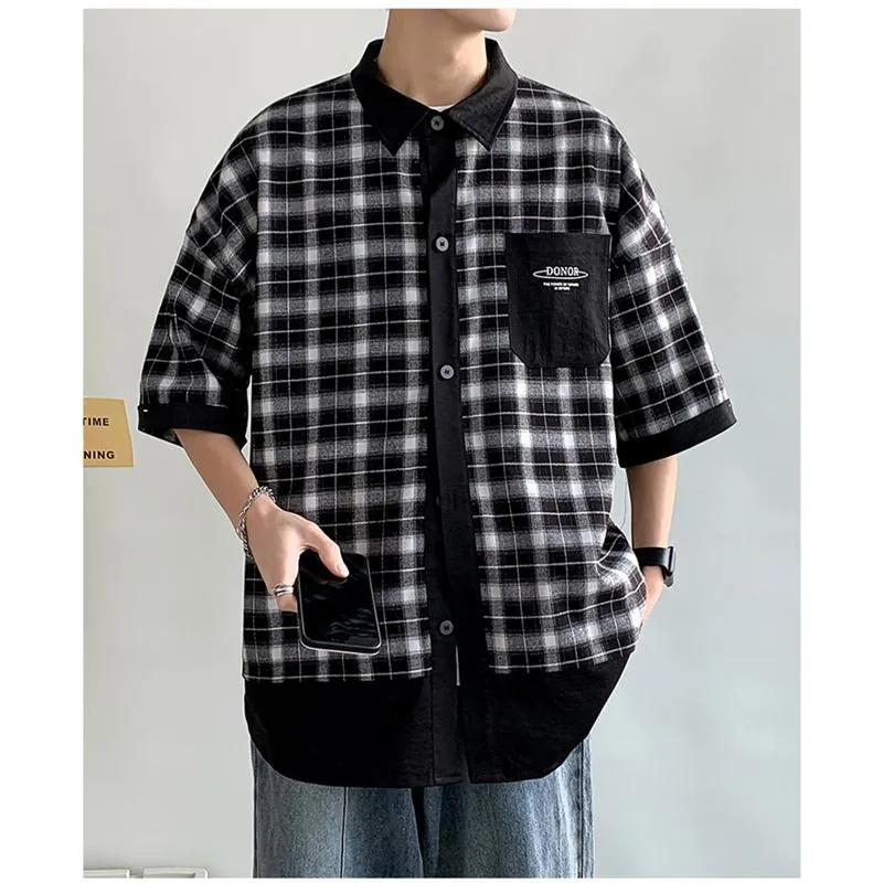 Trendy Pocket Plaid Color Block Short Sleeve Shirt