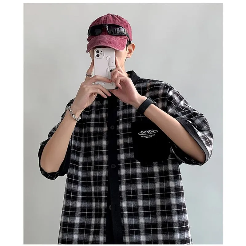 Trendy Pocket Plaid Color Block Short Sleeve Shirt