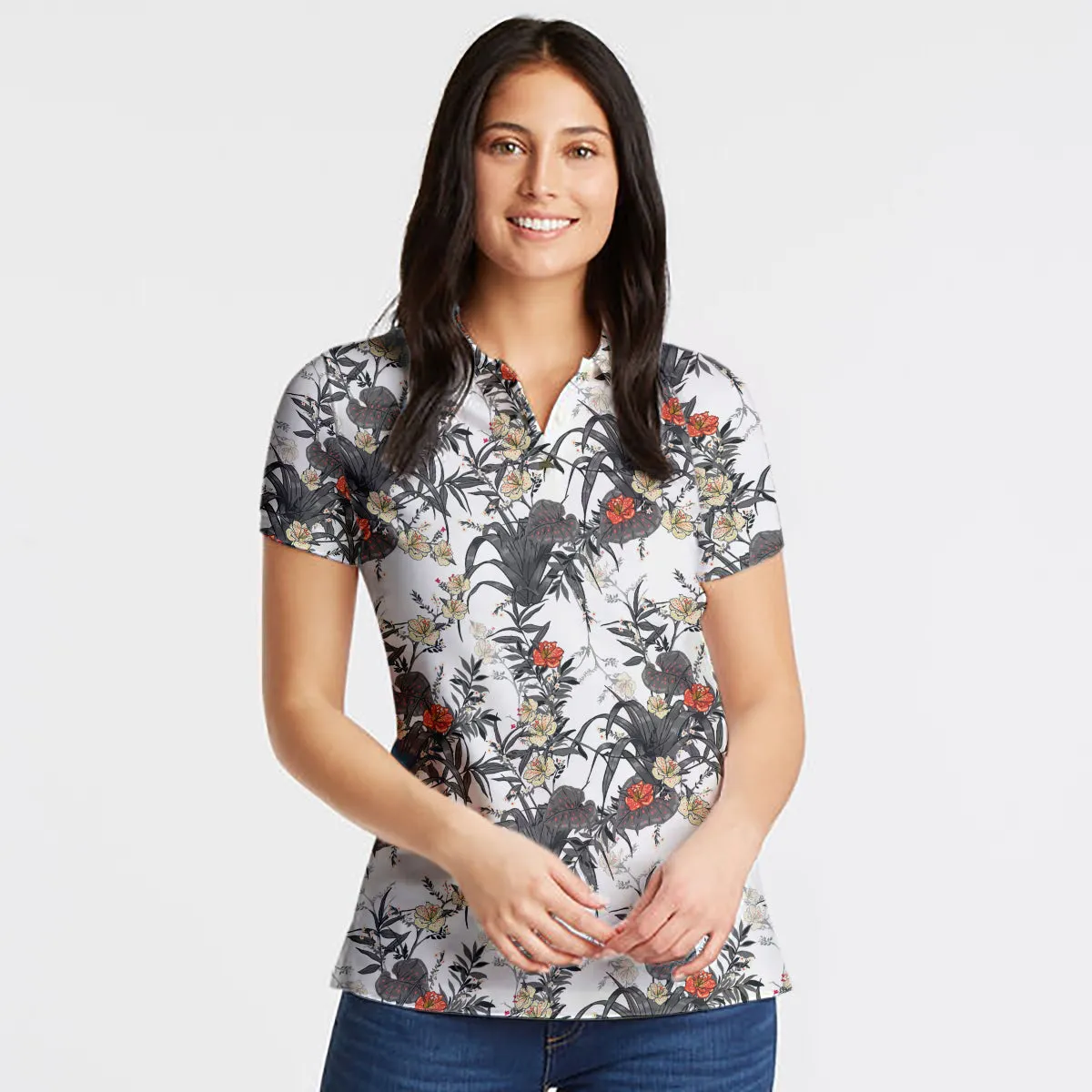 Tropical Flowers Shirt Short Sleeve Women Polo Shirt Coolspod