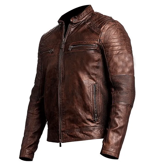 Vintage Cafe Racer Jacket Men Distressed Brown Slim fit Motorcycle Leather Jacket