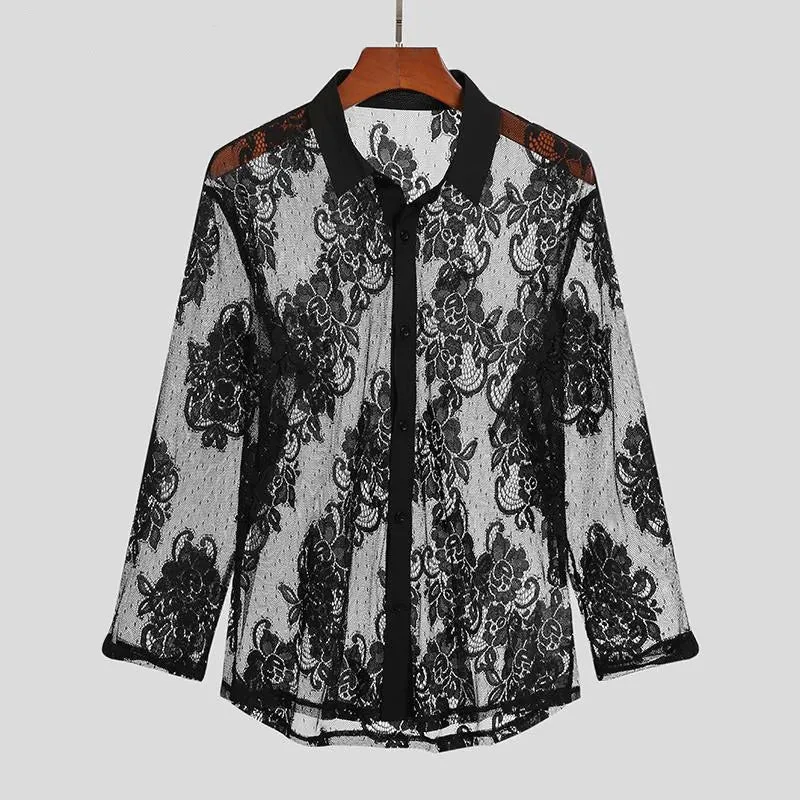 Wiaofellas  -  See-through Mesh-Lace Embroidery Shirts Fashion Solid Turn Down Collar Thin Shirt For Men New Style Single Breasted Sexy Tee Top