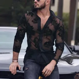 Wiaofellas  -  See-through Mesh-Lace Embroidery Shirts Fashion Solid Turn Down Collar Thin Shirt For Men New Style Single Breasted Sexy Tee Top