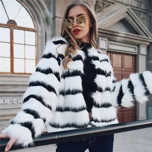 Winter Black and white striped faux fur coat fur coats Women Elegant