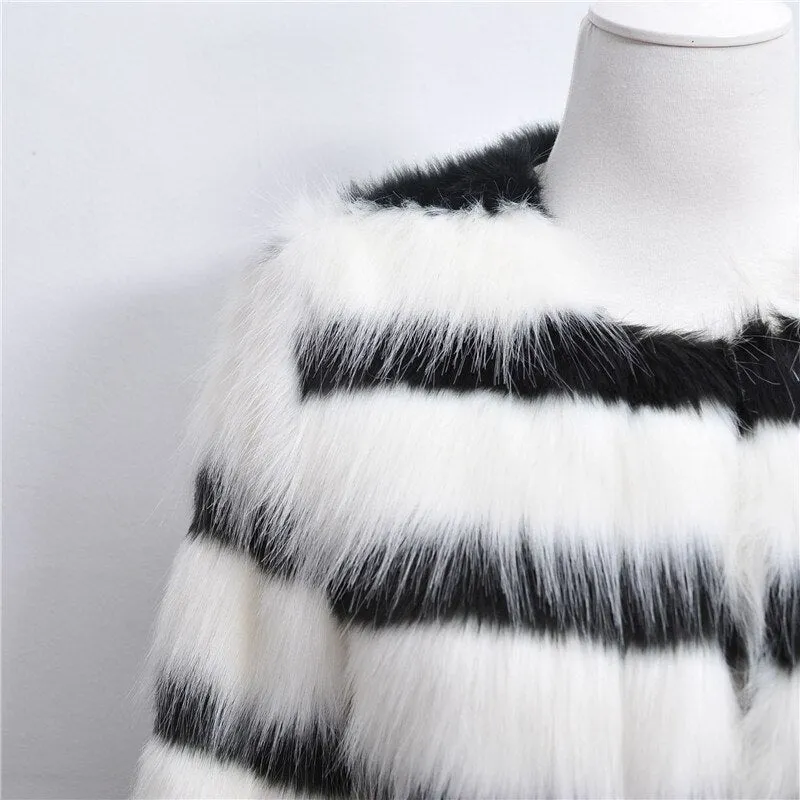 Winter Black and white striped faux fur coat fur coats Women Elegant