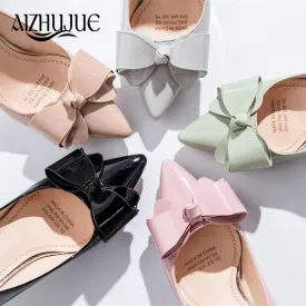 Women Bow Tie Pumps  Butterfly Pointed Toe OL Office Shoes Woman High Heels Black Pink Light Green Khaki Gray Dress Lady Shoes