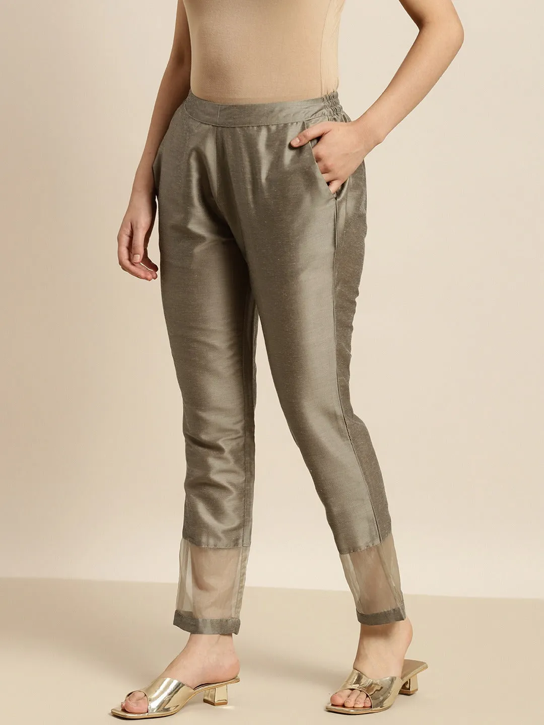 Women Grey Organza Insert Pencil Pants