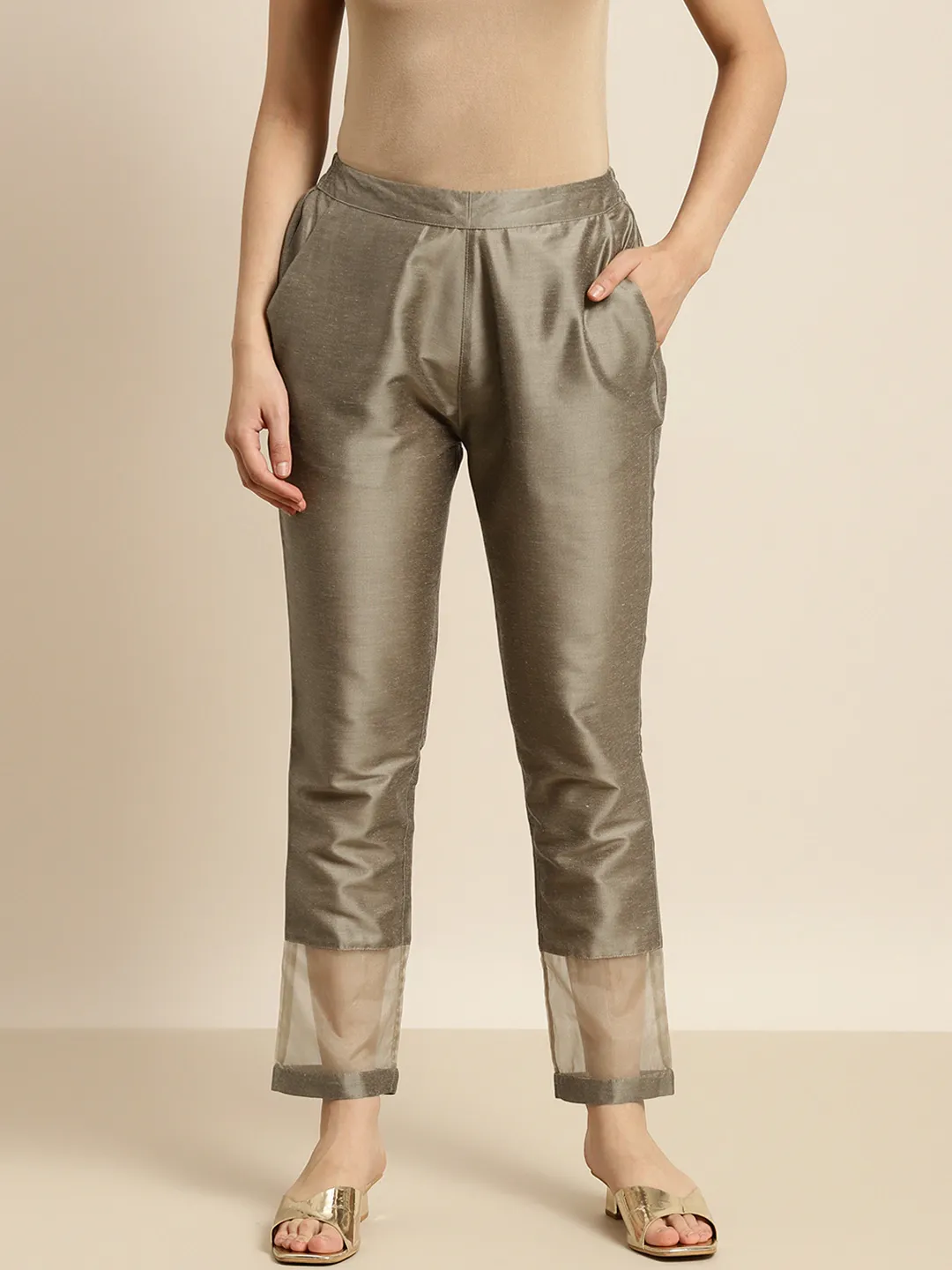 Women Grey Organza Insert Pencil Pants