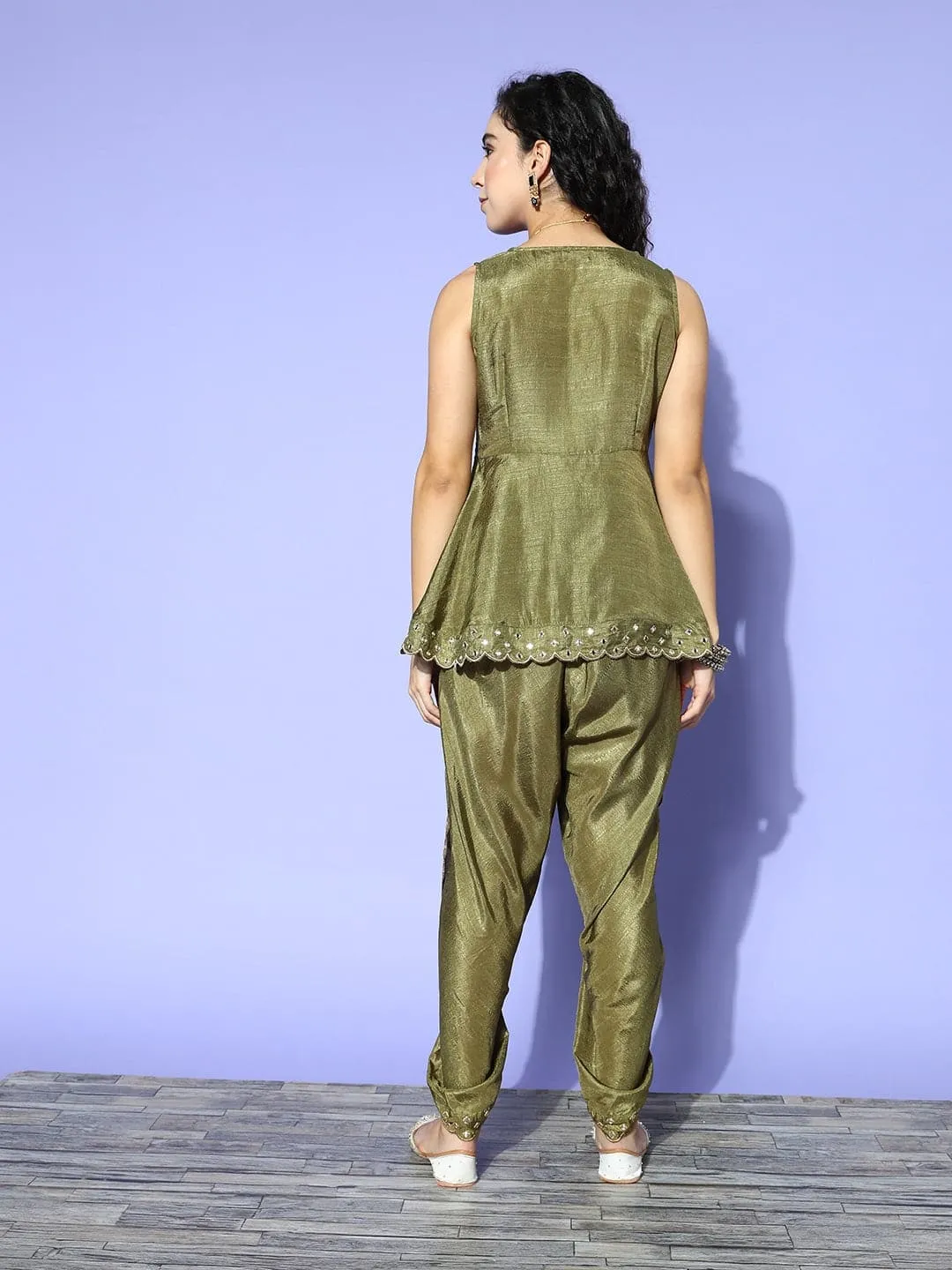 Women Olive Mirror Embroidered Top With Dhoti Pants