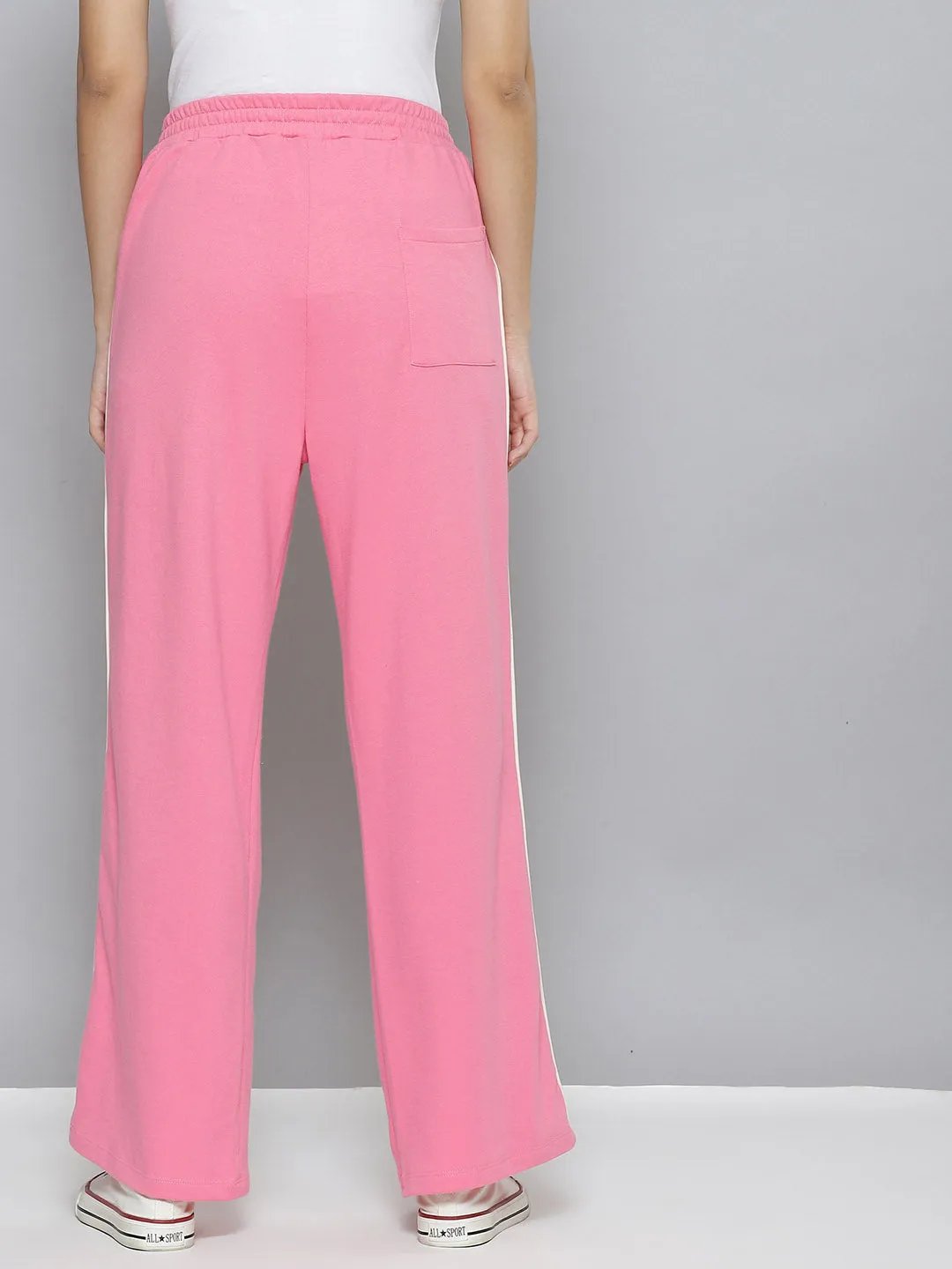 Women Pink Terry Active Contrast Piping Straight Pants